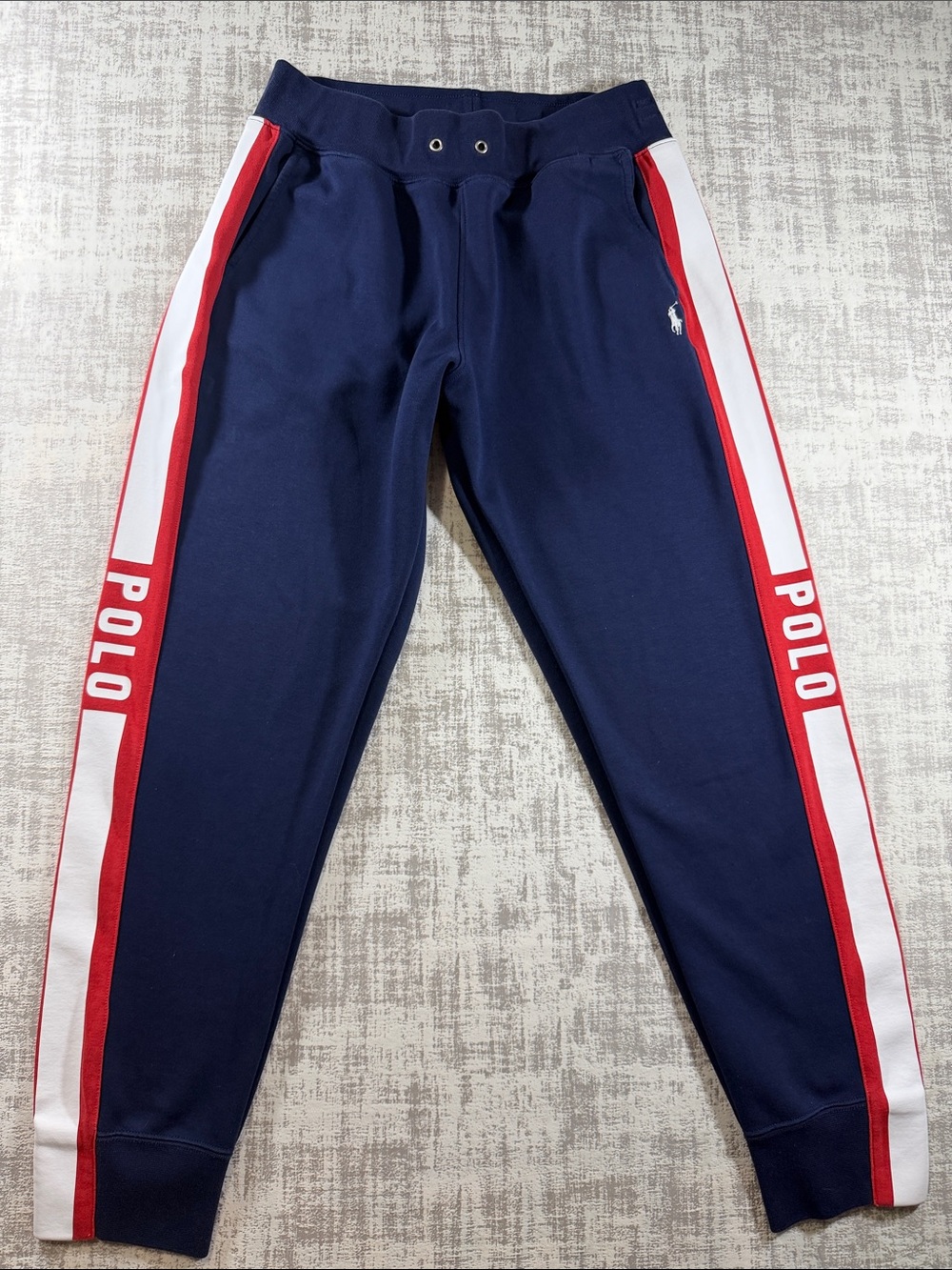 Polo by Ralph Lauren Navy Joggers with Red & White Side Stripes Size M (Read)